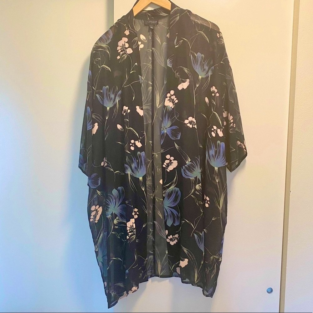 Topshop Black Floral Sheer Kimono - Size L